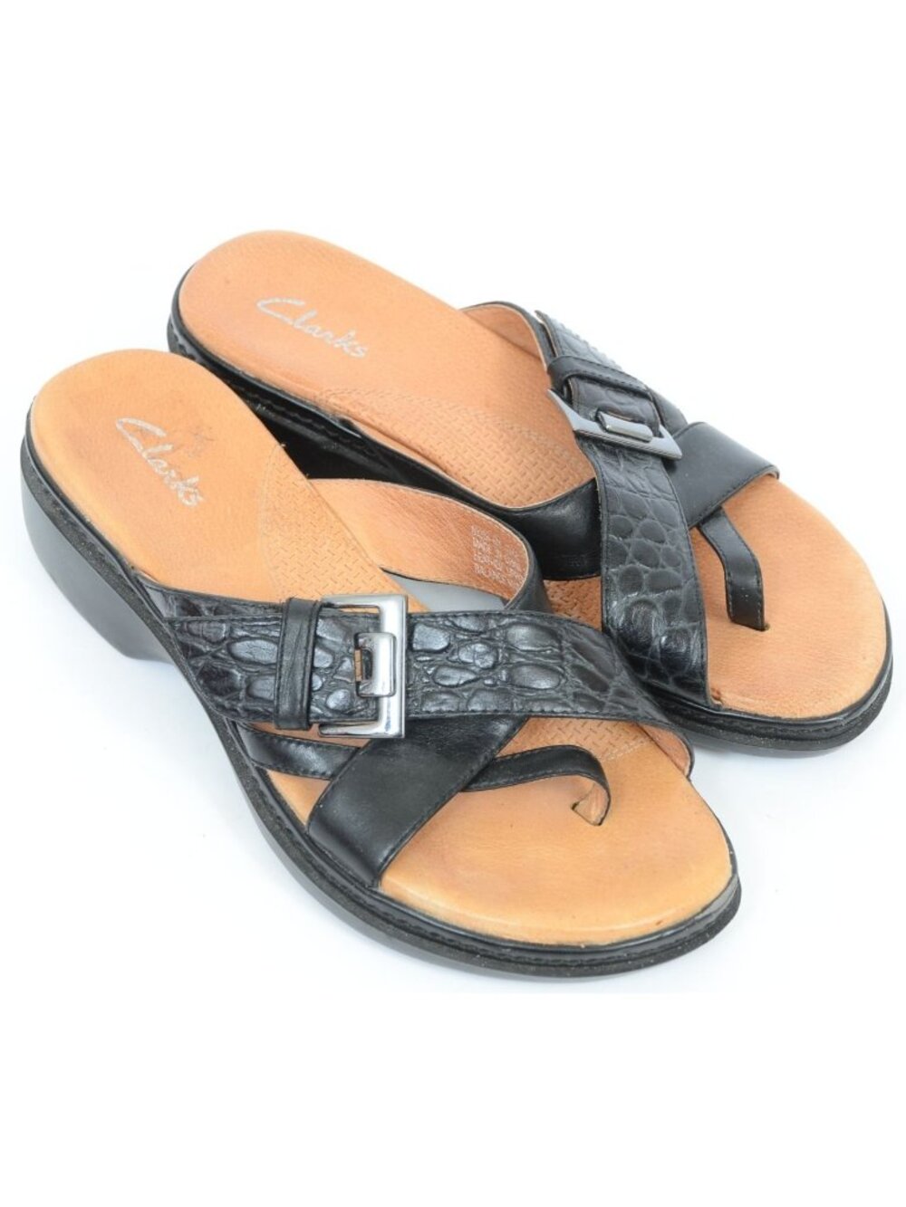 Clarks Women's 8 Strappy Leather Croc Embossed Buckle Slip-on Wedge Sandals